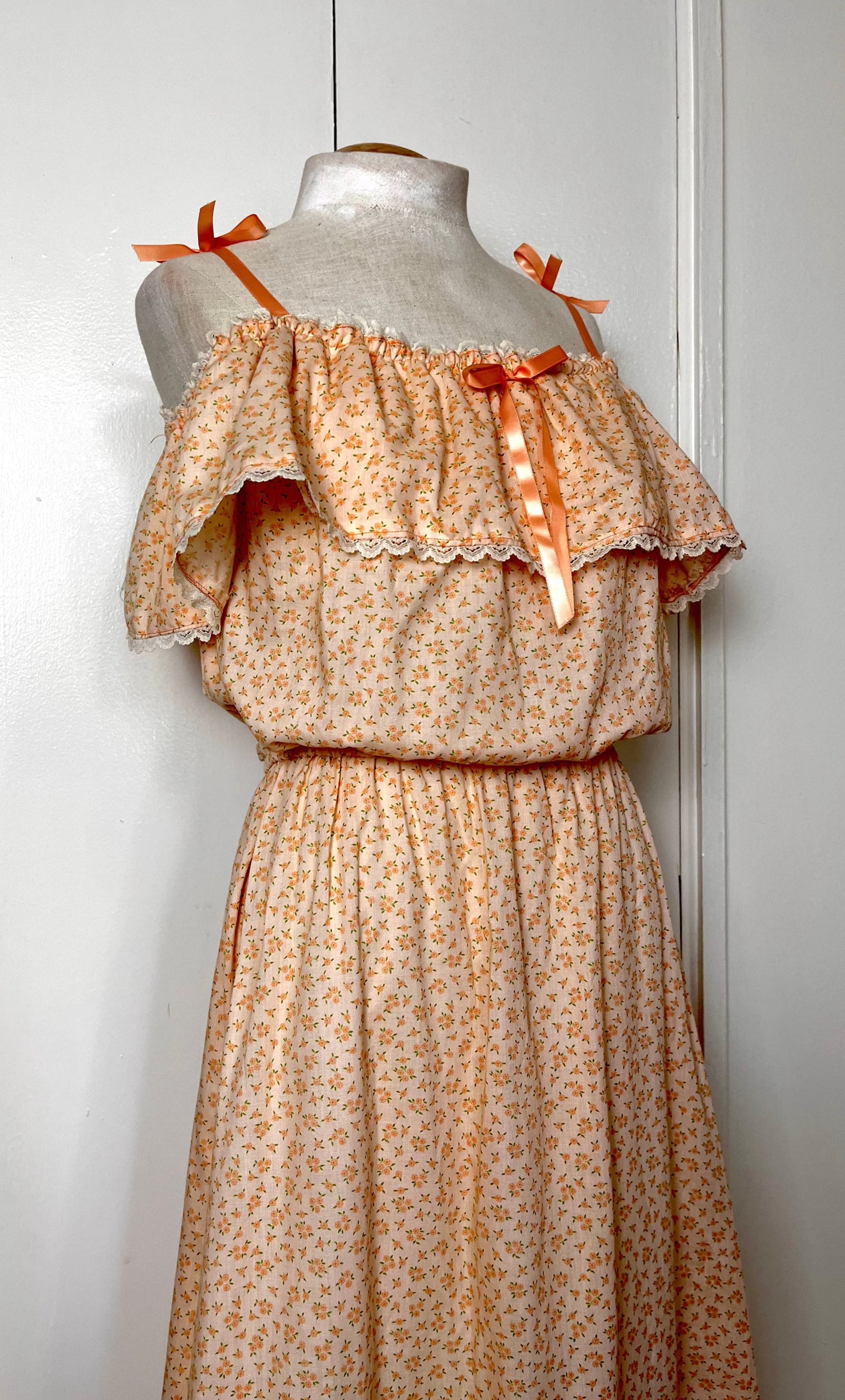 Vintage 1970's Sherbet-Orange Calico Floral Maxi Prairie Dress