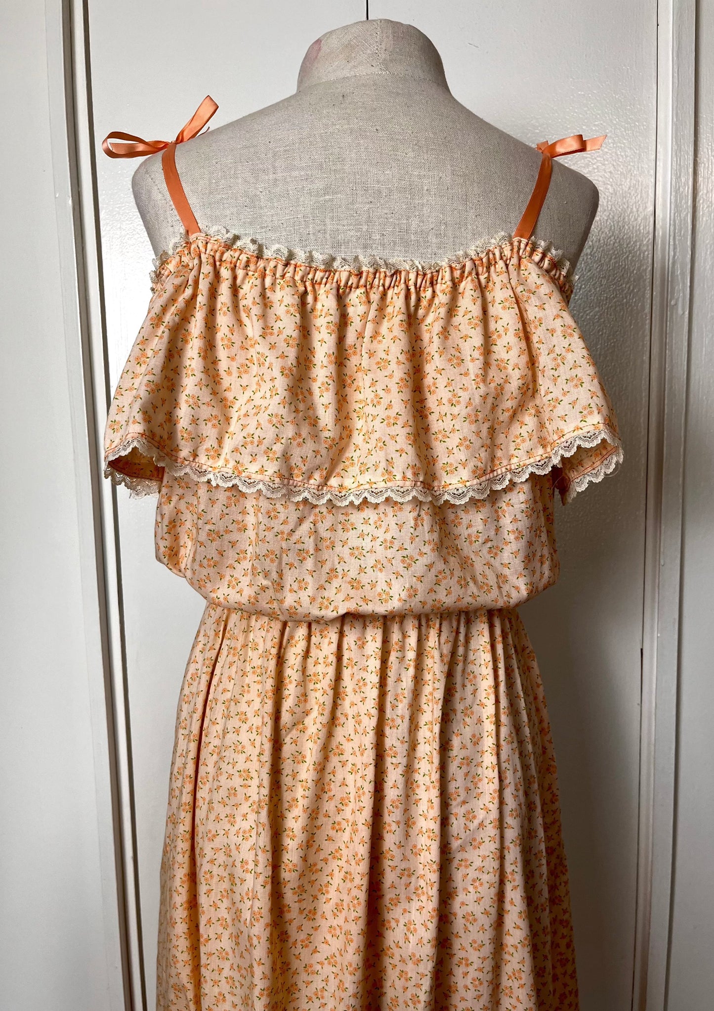 Vintage 1970's Sherbet-Orange Calico Floral Maxi Prairie Dress