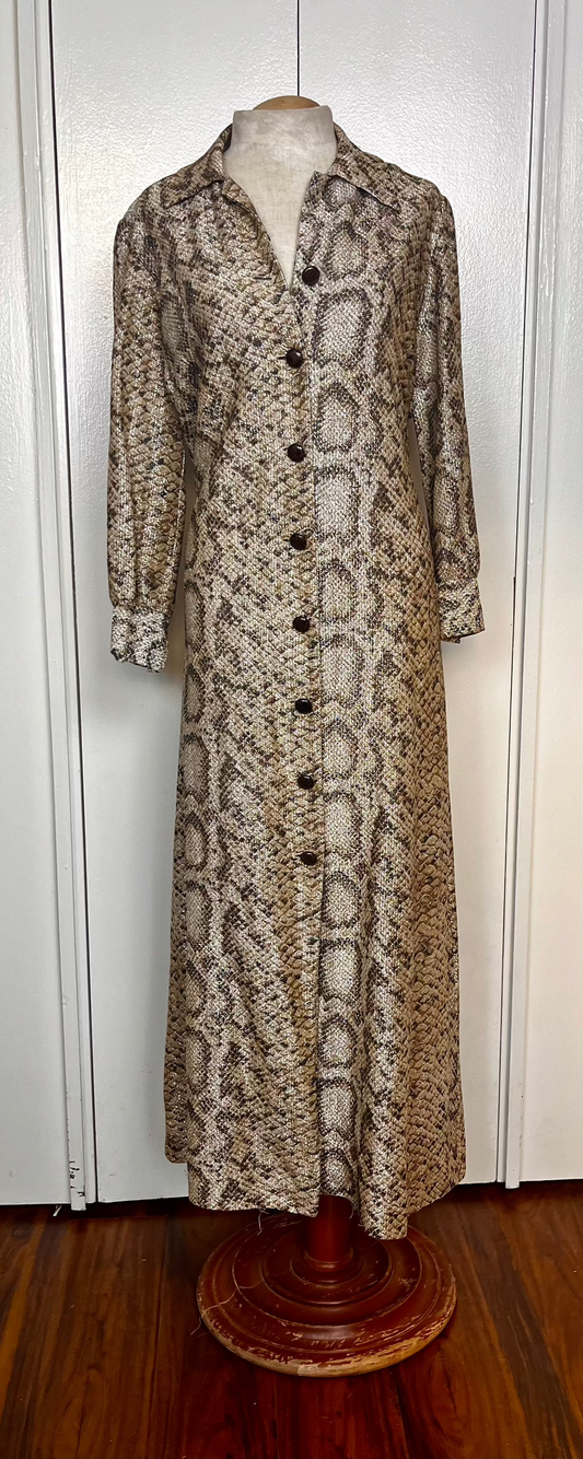 Vintage 1970's Gold Lurex Snake-Motif Button-Front Maxi Dress