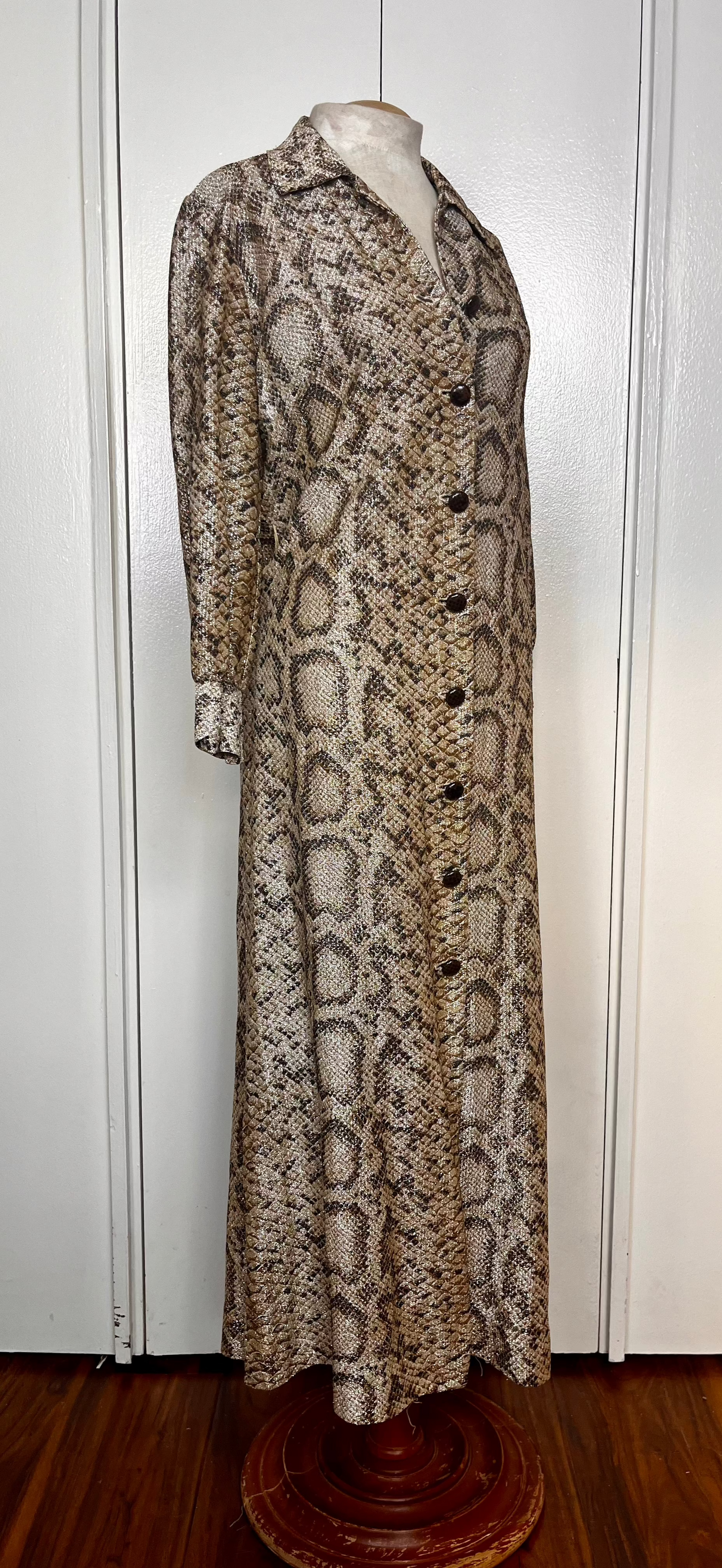 Vintage 1970's Gold Lurex Snake-Motif Button-Front Maxi Dress