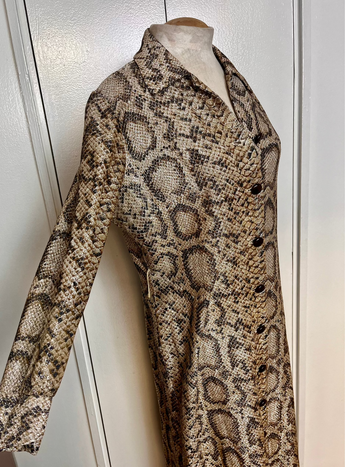 Vintage 1970's Gold Lurex Snake-Motif Button-Front Maxi Dress