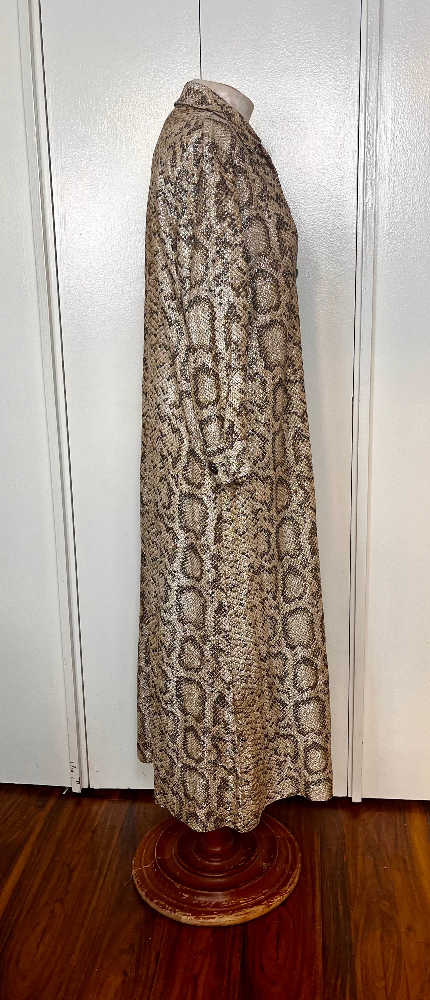 Vintage 1970's Gold Lurex Snake-Motif Button-Front Maxi Dress