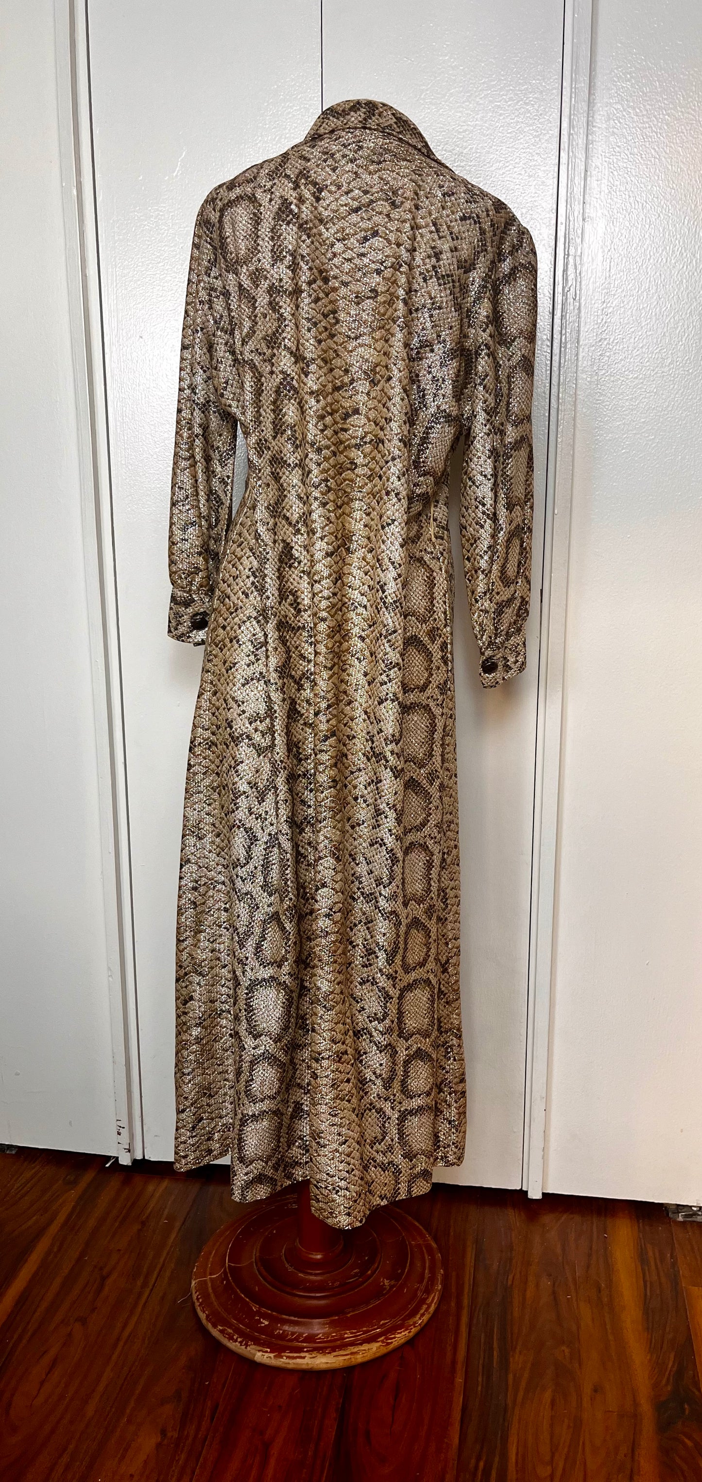 Vintage 1970's Gold Lurex Snake-Motif Button-Front Maxi Dress