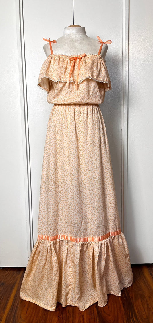 Vintage 1970's Sherbet-Orange Calico Floral Maxi Prairie Dress