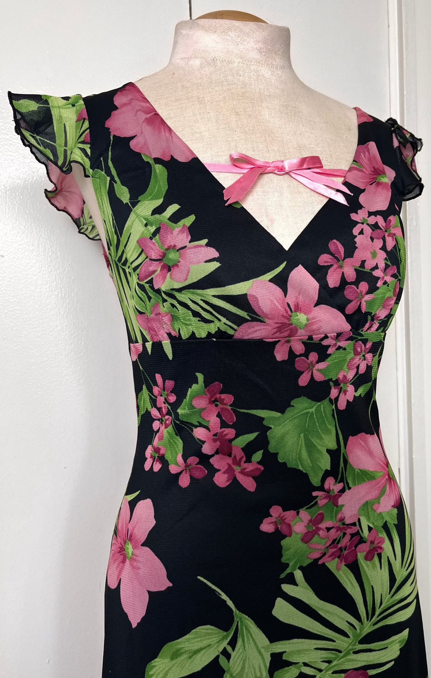 Vintage 1990's "City Triangles" Black, Pink & Green Floral Flutter Sleeve & Ribbon Dress