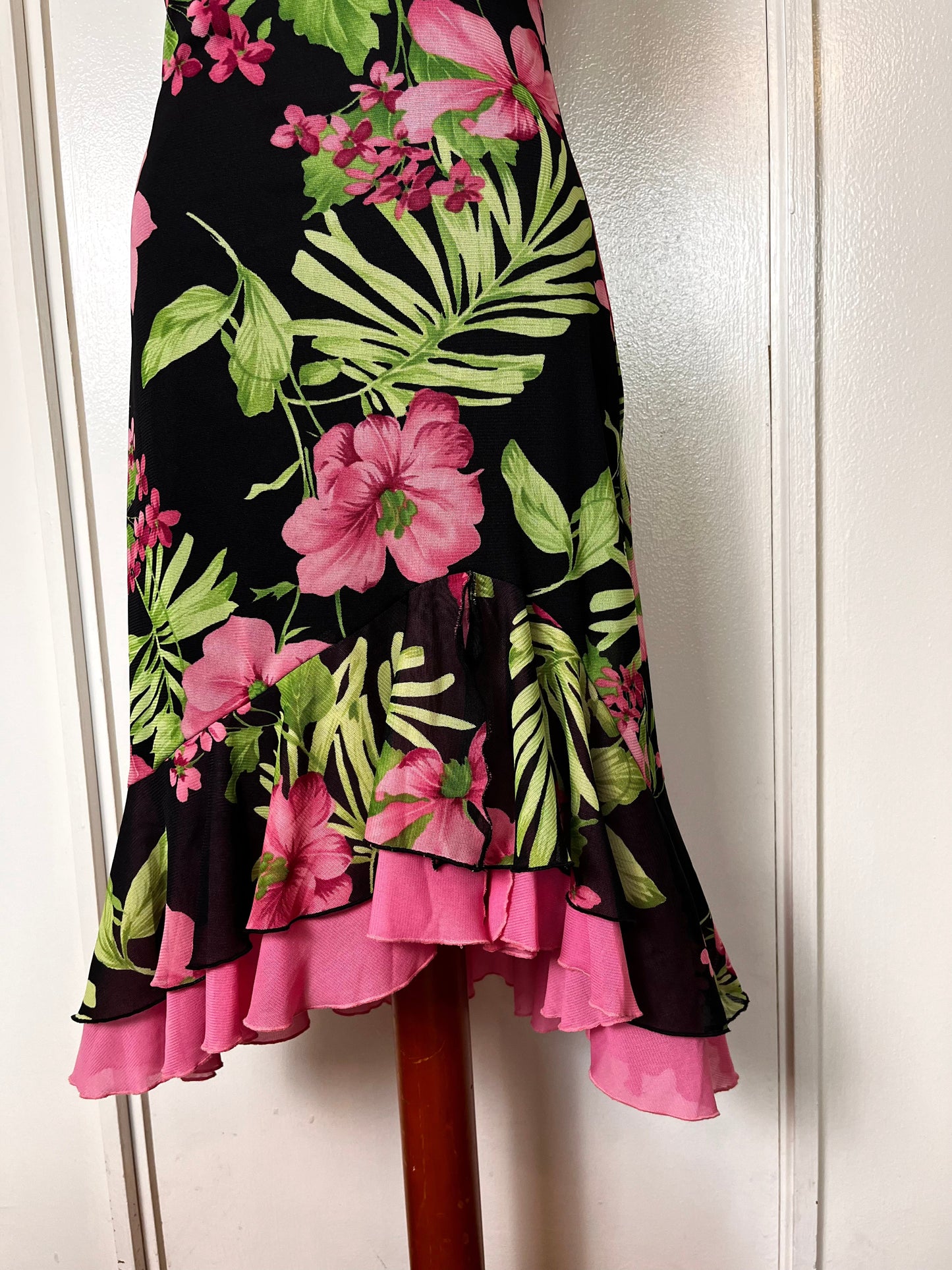 Vintage 1990's "City Triangles" Black, Pink & Green Floral Flutter Sleeve & Ribbon Dress