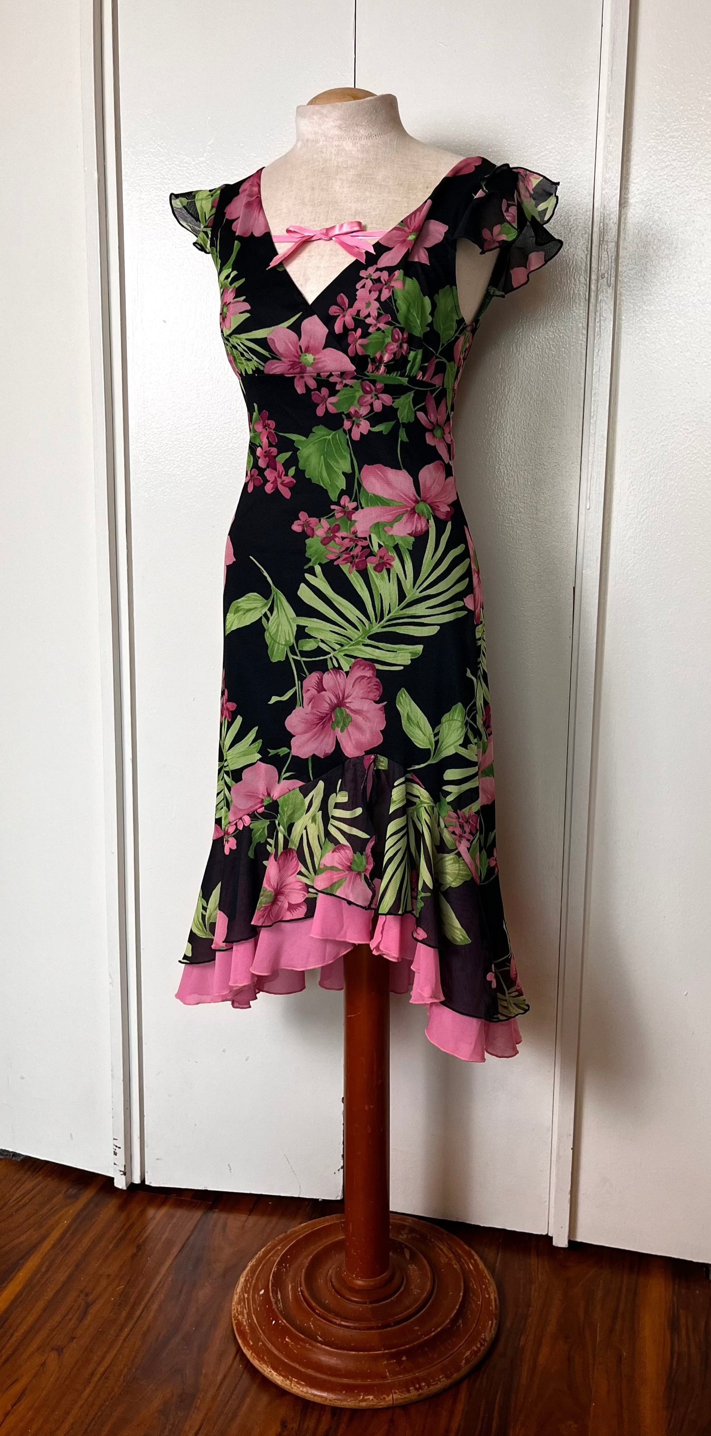 Vintage 1990's "City Triangles" Black, Pink & Green Floral Flutter Sleeve & Ribbon Dress