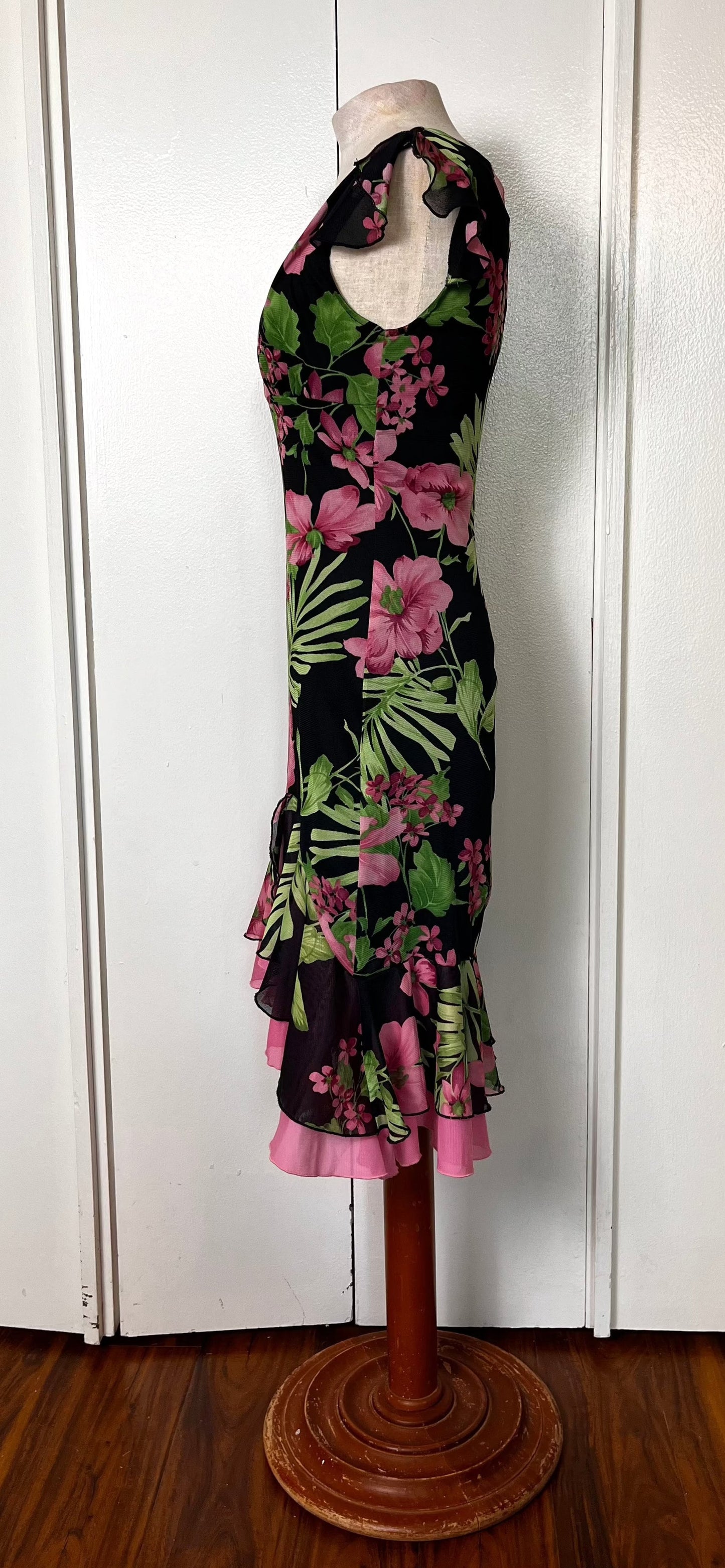 Vintage 1990's "City Triangles" Black, Pink & Green Floral Flutter Sleeve & Ribbon Dress