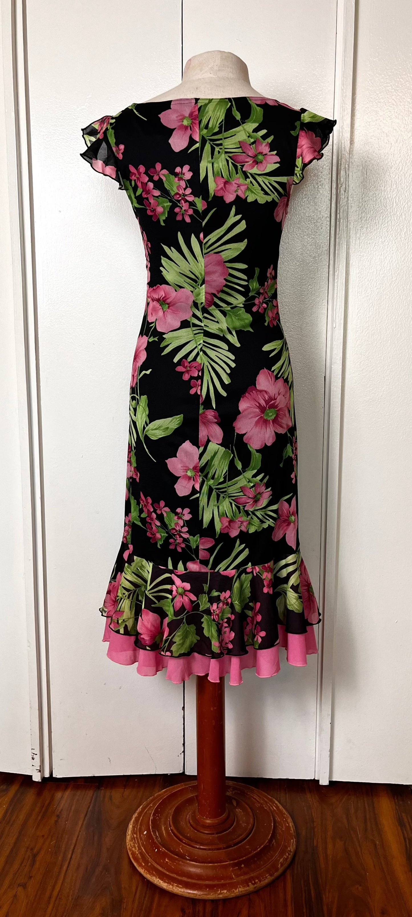 Vintage 1990's "City Triangles" Black, Pink & Green Floral Flutter Sleeve & Ribbon Dress