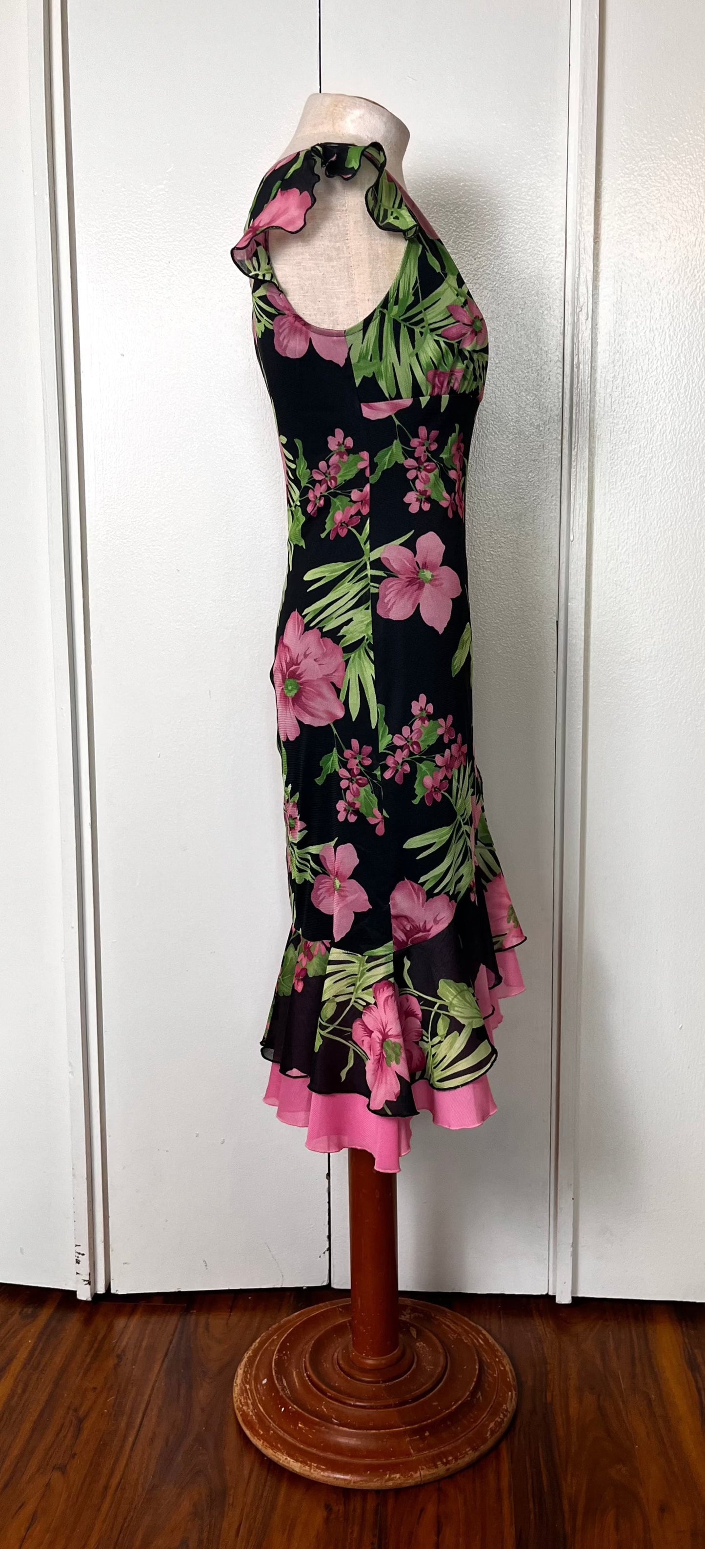 Vintage 1990's "City Triangles" Black, Pink & Green Floral Flutter Sleeve & Ribbon Dress