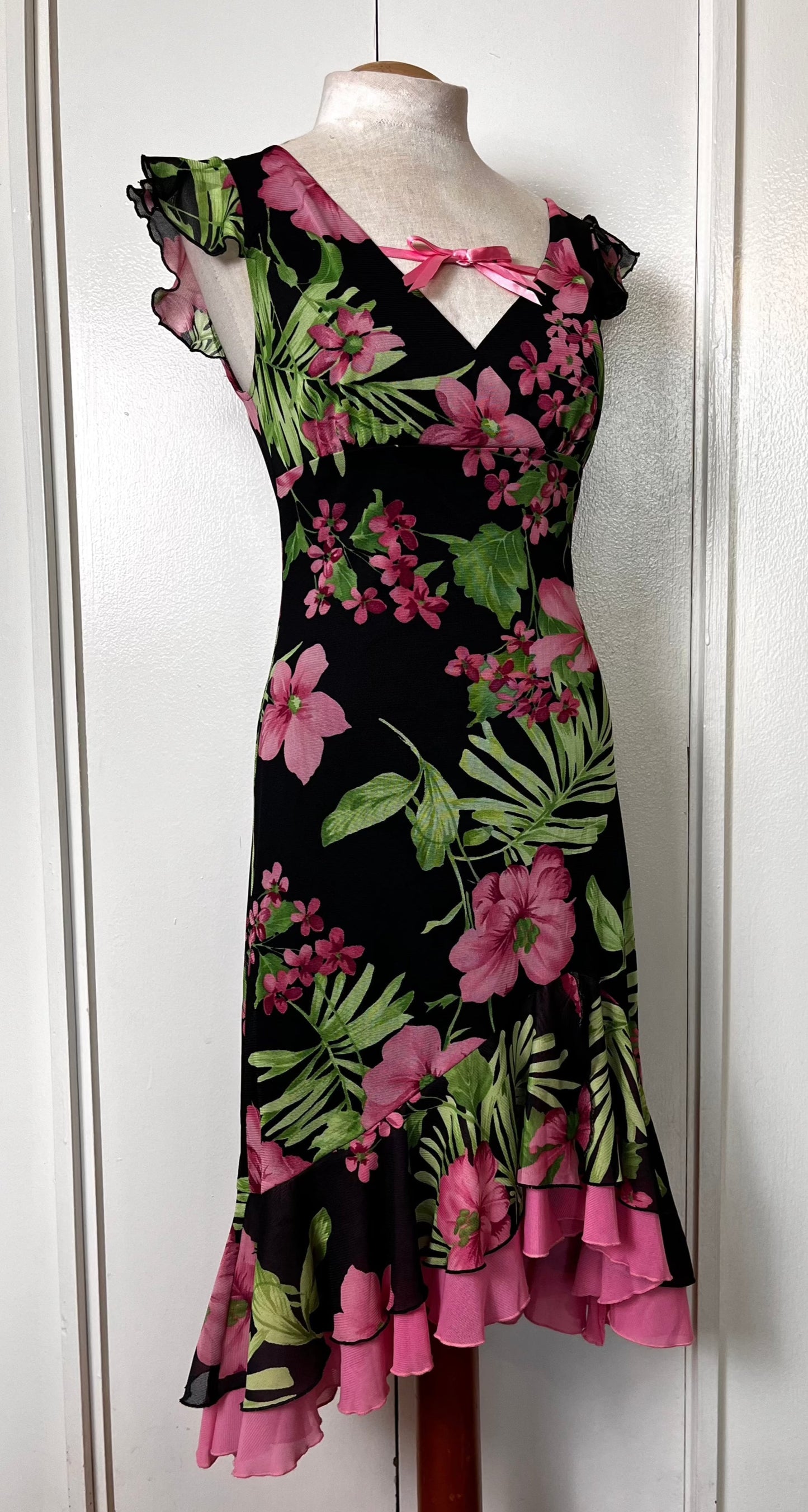 Vintage 1990's "City Triangles" Black, Pink & Green Floral Flutter Sleeve & Ribbon Dress