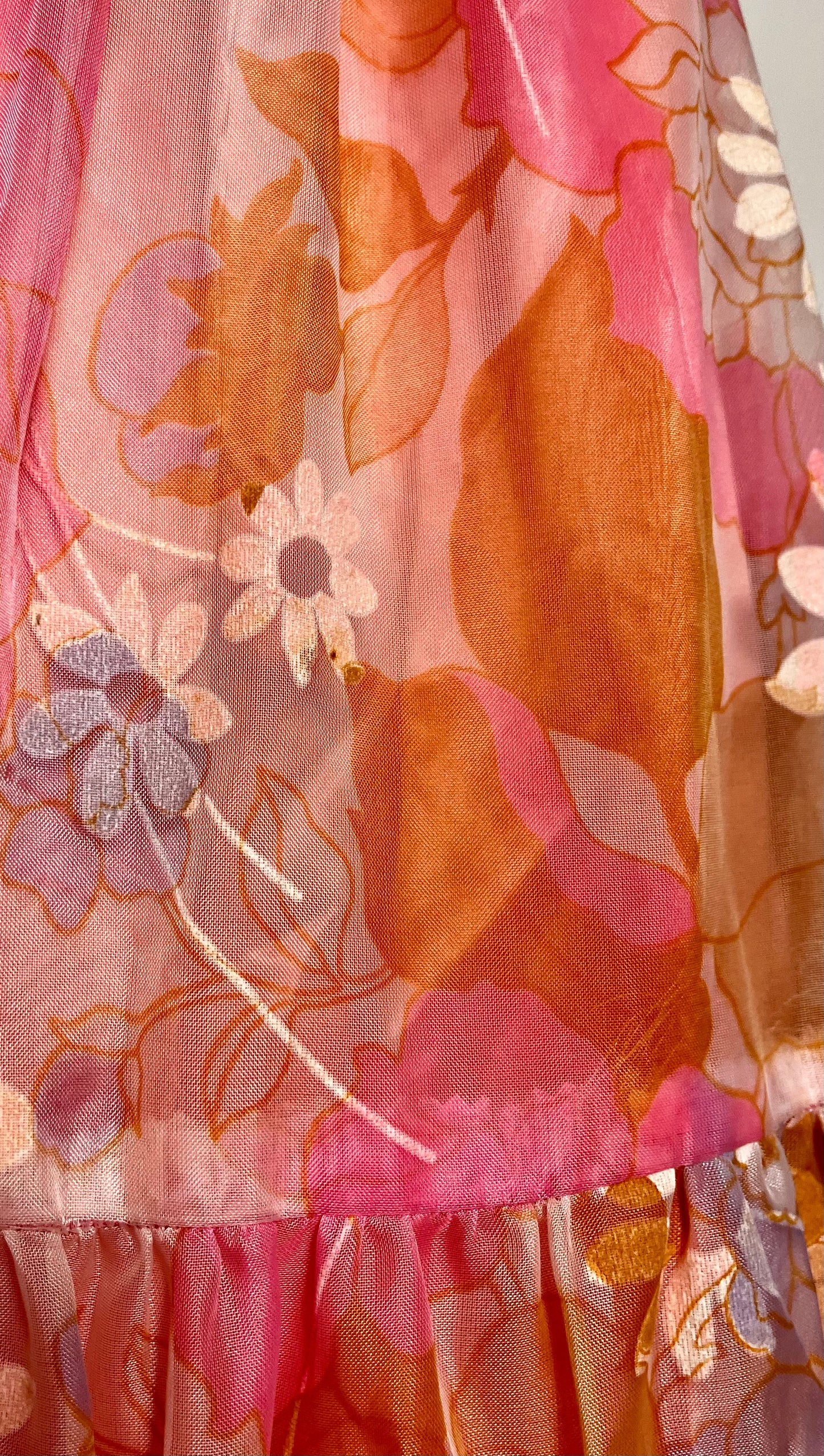 Vintage 1970's "Home-Sewn" Pink Flower Chiffon Maxi Dress