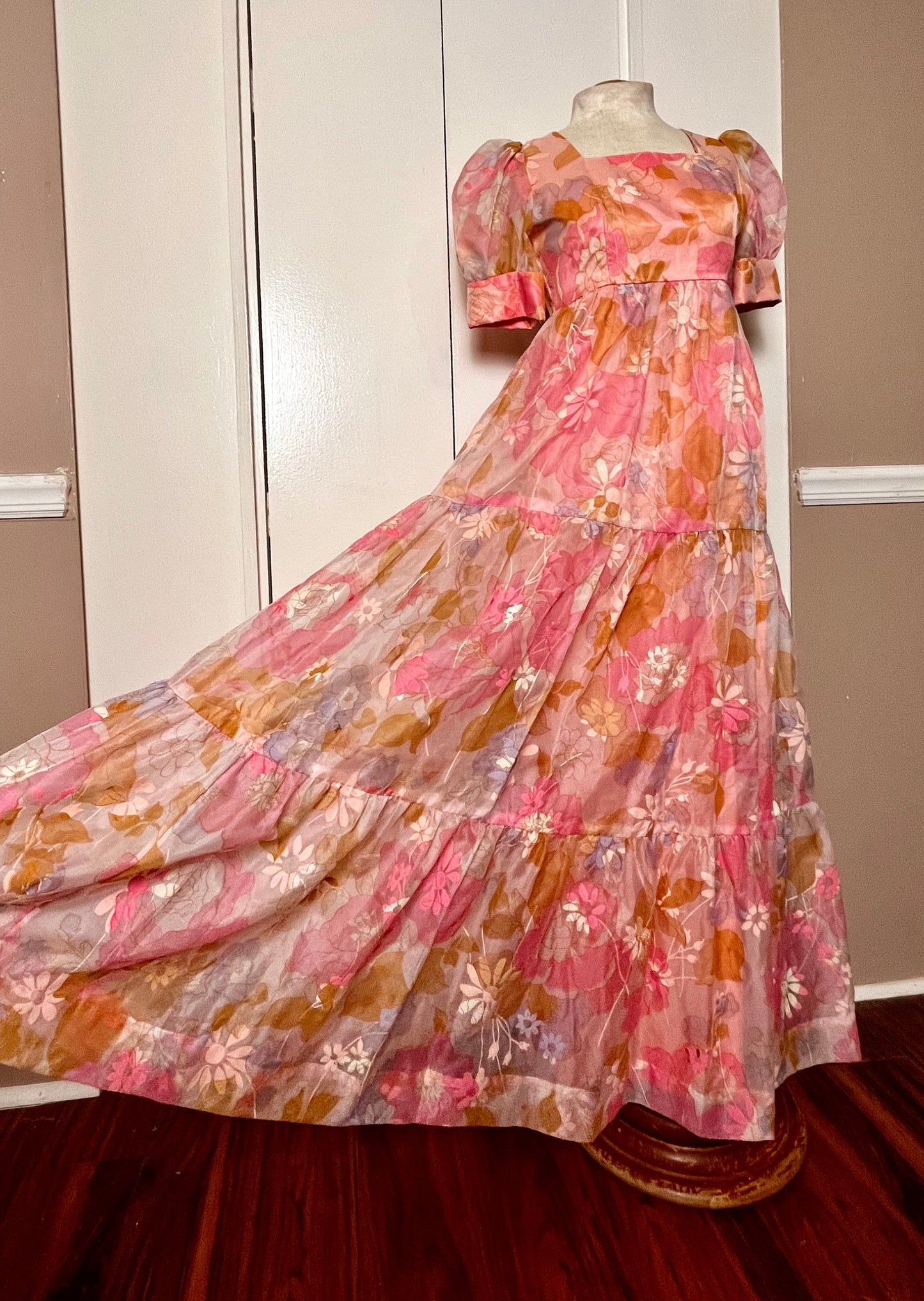 Vintage 1970's "Home-Sewn" Pink Flower Chiffon Maxi Dress