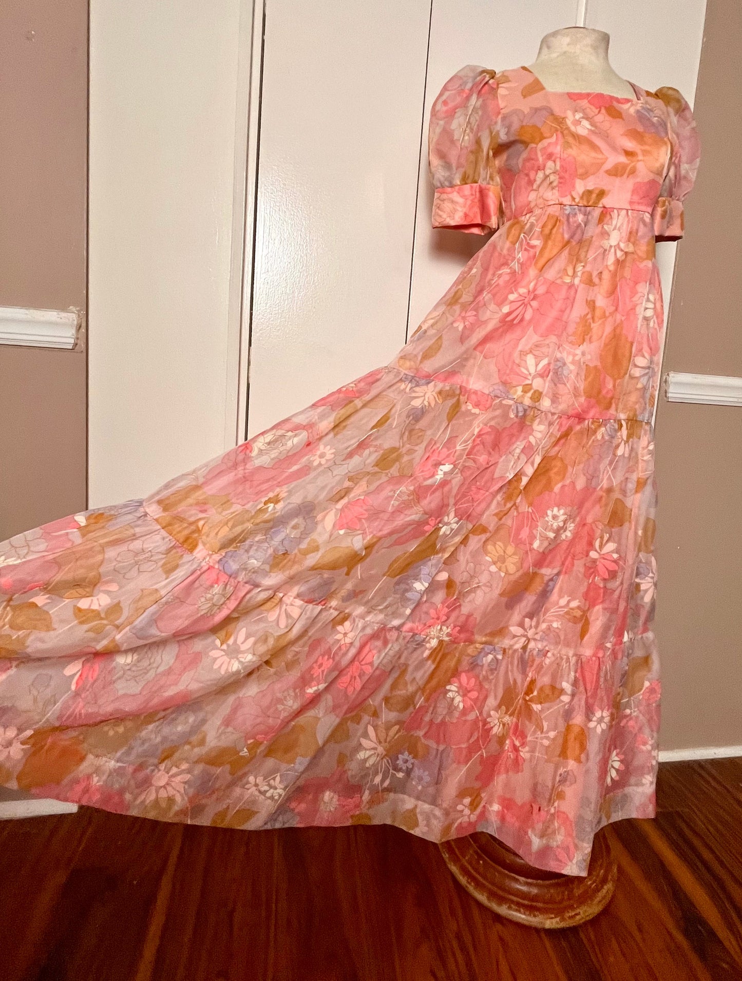 Vintage 1970's "Home-Sewn" Pink Flower Chiffon Maxi Dress