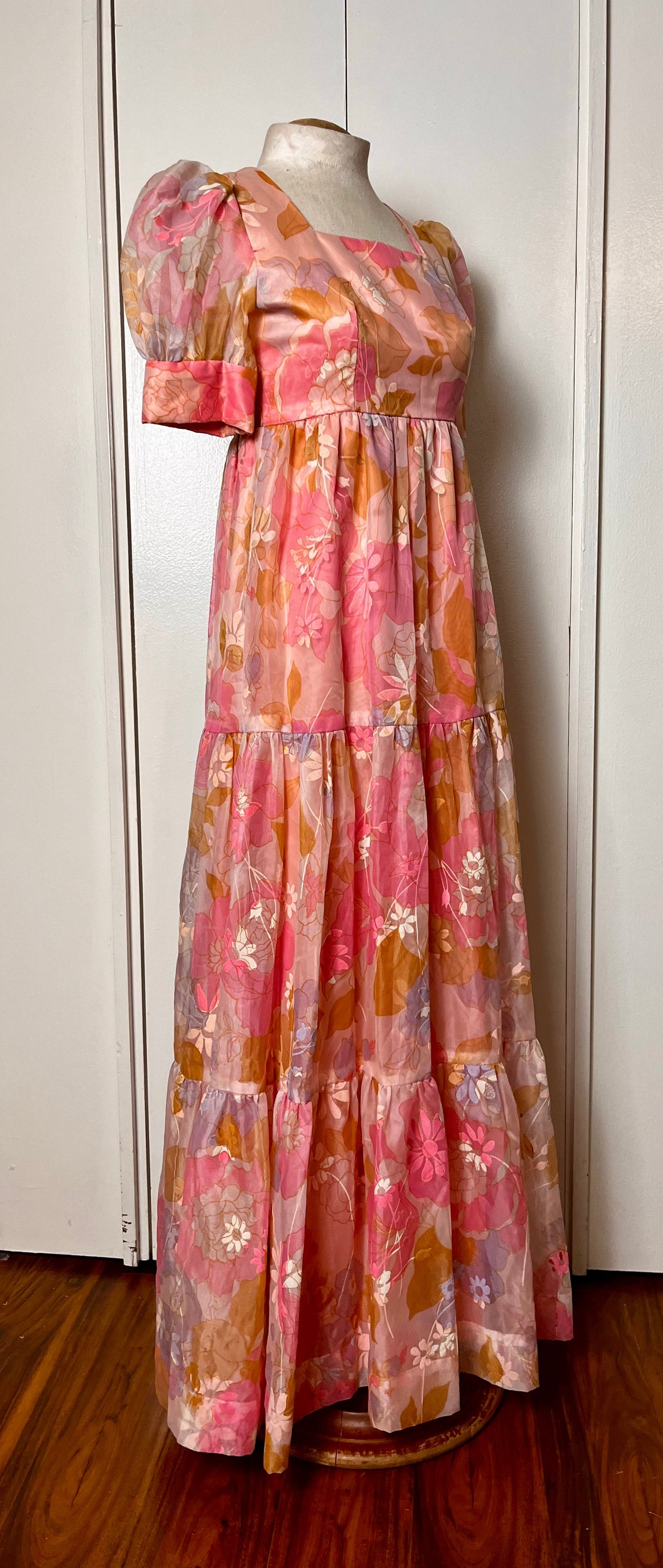 Vintage 1970's "Home-Sewn" Pink Flower Chiffon Maxi Dress