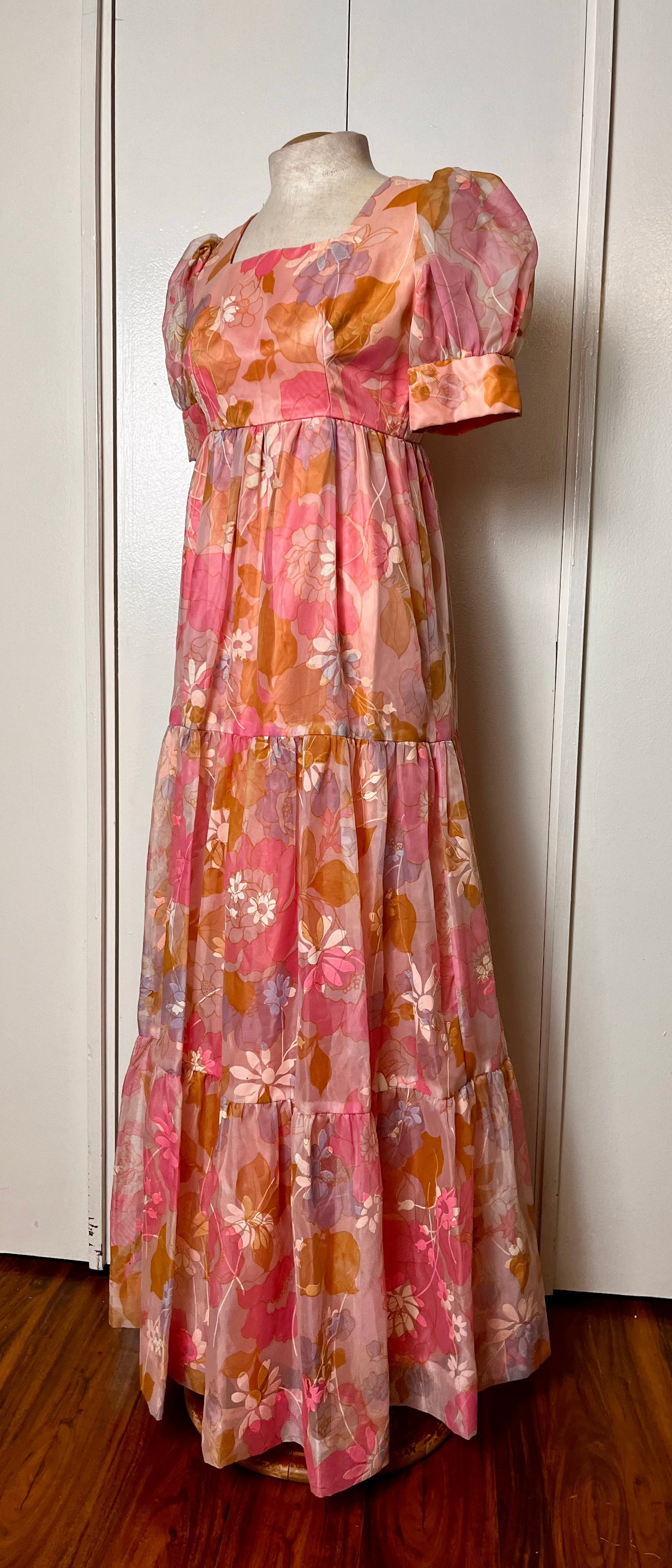 Vintage 1970's "Home-Sewn" Pink Flower Chiffon Maxi Dress