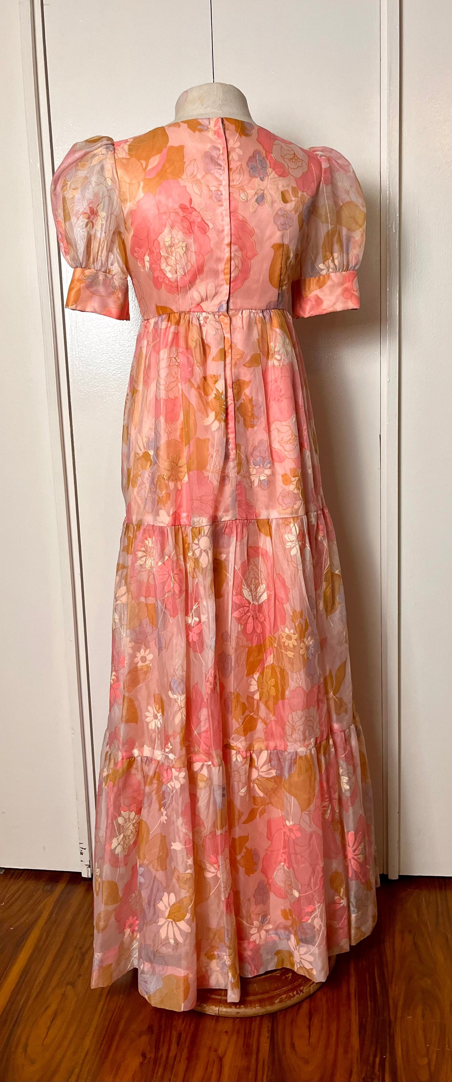 Vintage 1970's "Home-Sewn" Pink Flower Chiffon Maxi Dress