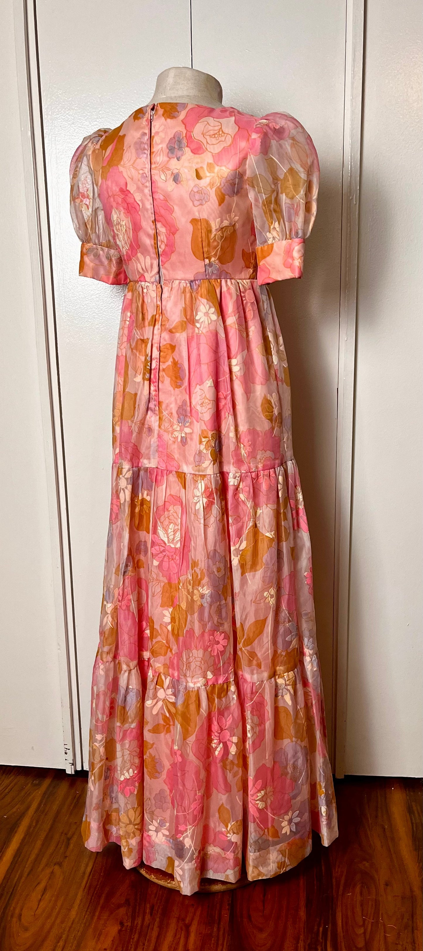 Vintage 1970's "Home-Sewn" Pink Flower Chiffon Maxi Dress