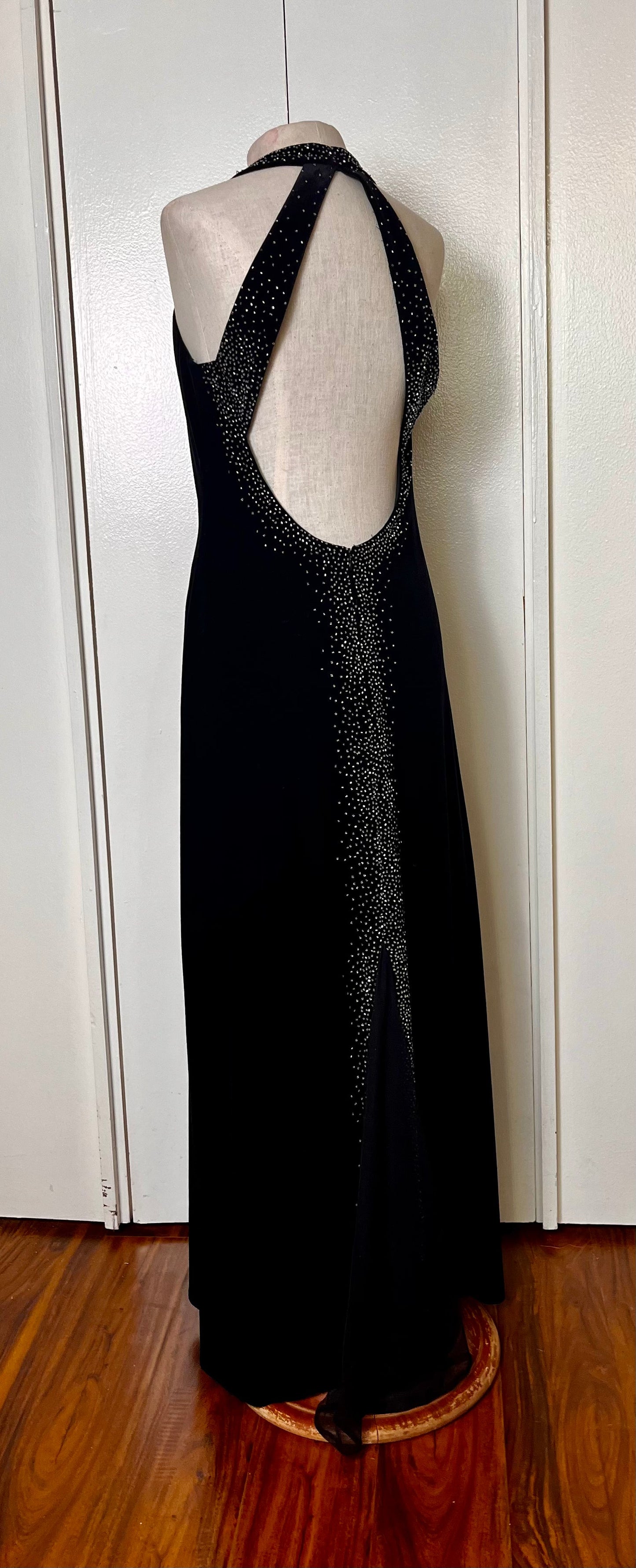 Vintage 1990's "Dave & Johnny" Halter Sequin Low Back Black Jersey Maxi Dress