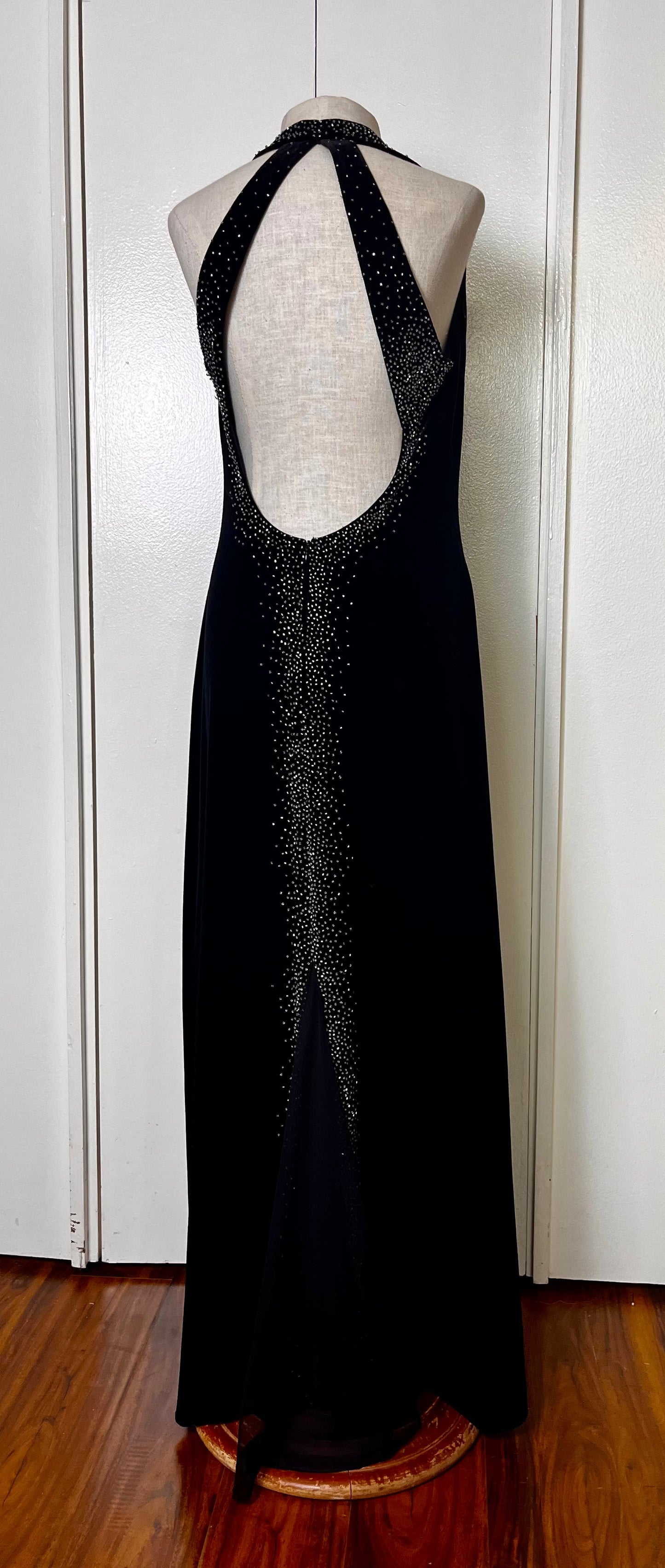 Vintage 1990's "Dave & Johnny" Halter Sequin Low Back Black Jersey Maxi Dress