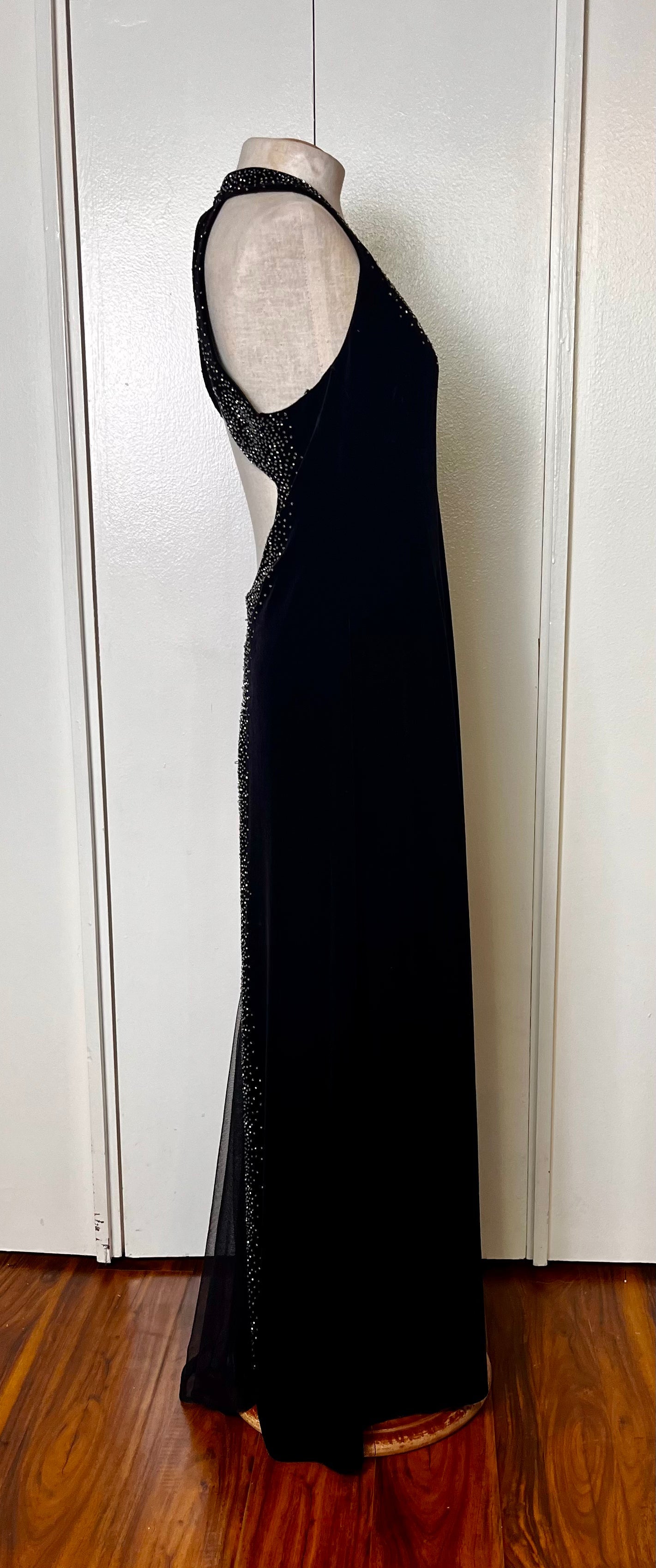 Vintage 1990's "Dave & Johnny" Halter Sequin Low Back Black Jersey Maxi Dress