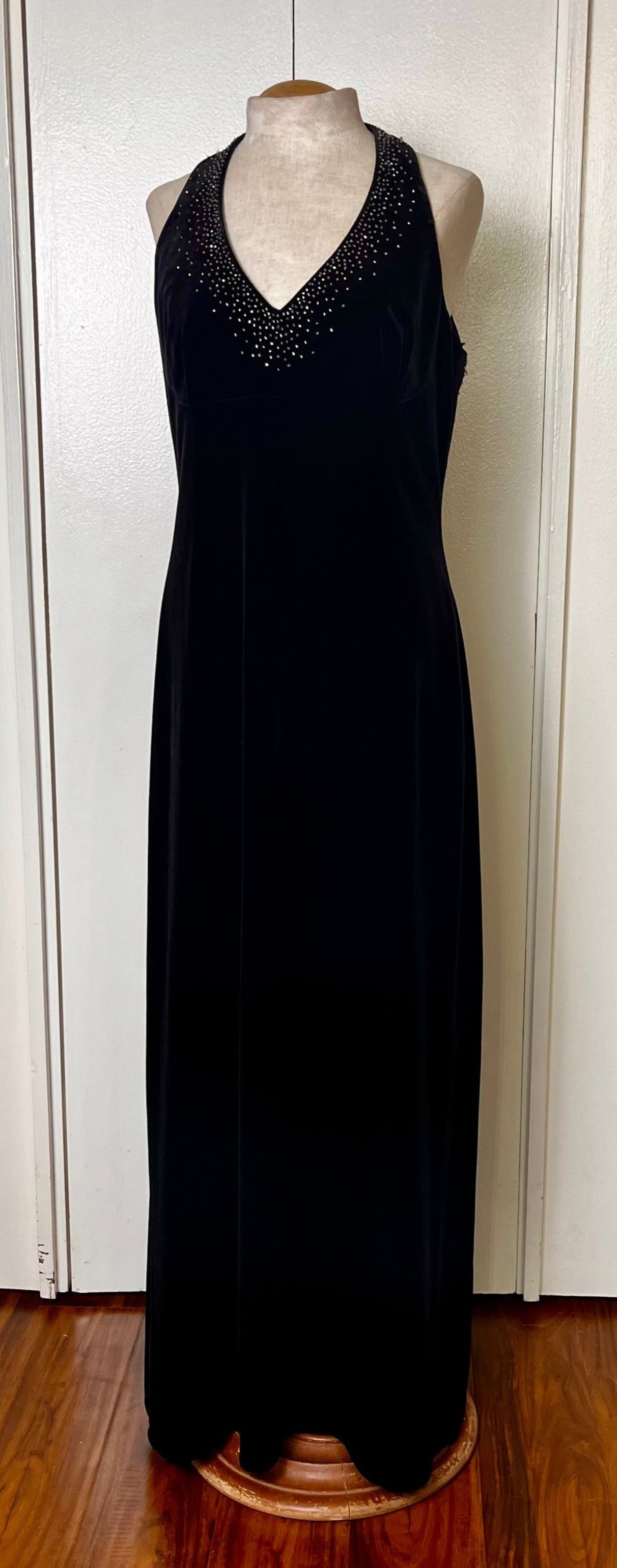 Vintage 1990's "Dave & Johnny" Halter Sequin Low Back Black Jersey Maxi Dress