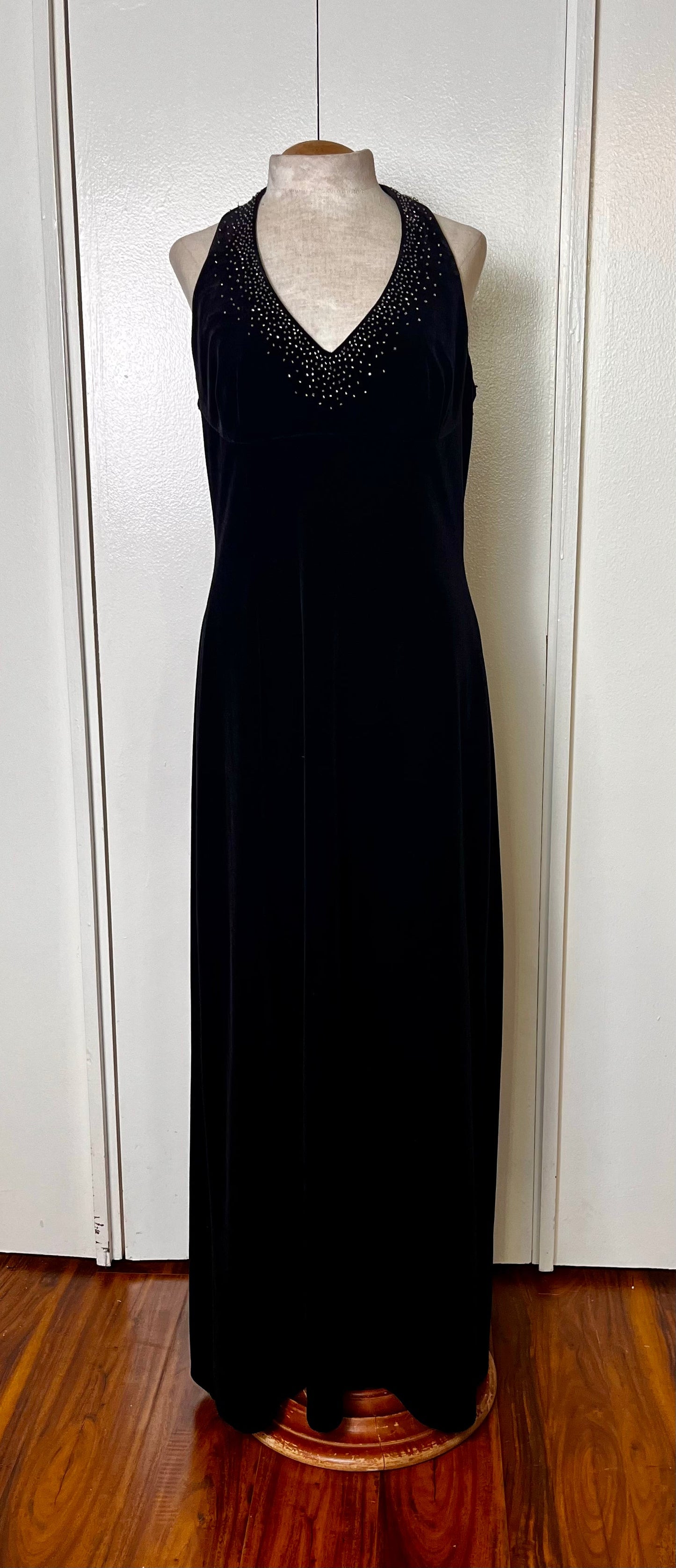 Vintage 1990's "Dave & Johnny" Halter Sequin Low Back Black Jersey Maxi Dress