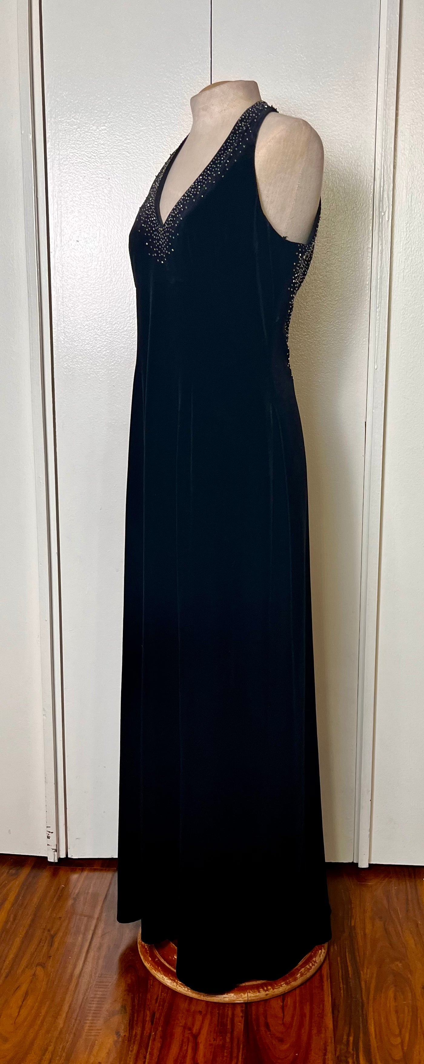 Vintage 1990's "Dave & Johnny" Halter Sequin Low Back Black Jersey Maxi Dress