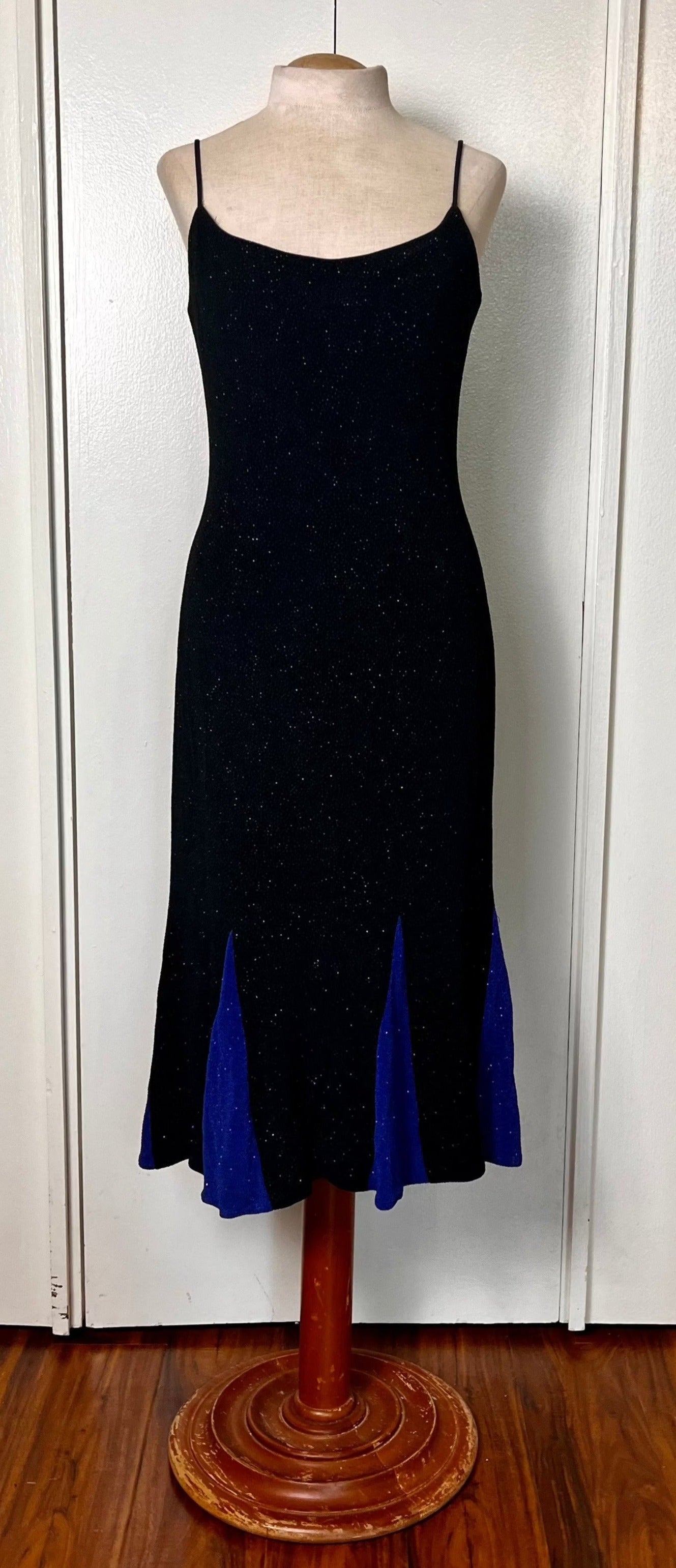 Vintage 1990's "Betsy & Adam by Jaslene" Black & Blue Stretch Knit Midi Dress