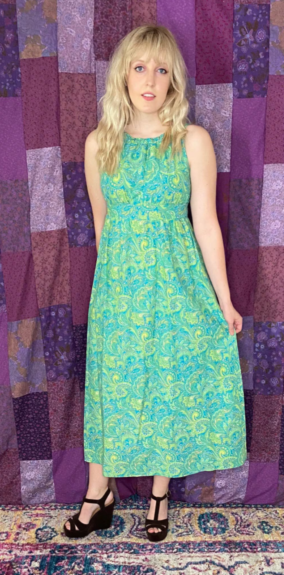 Vintage 1970's "Home-Sewn" Green Paisley Dress