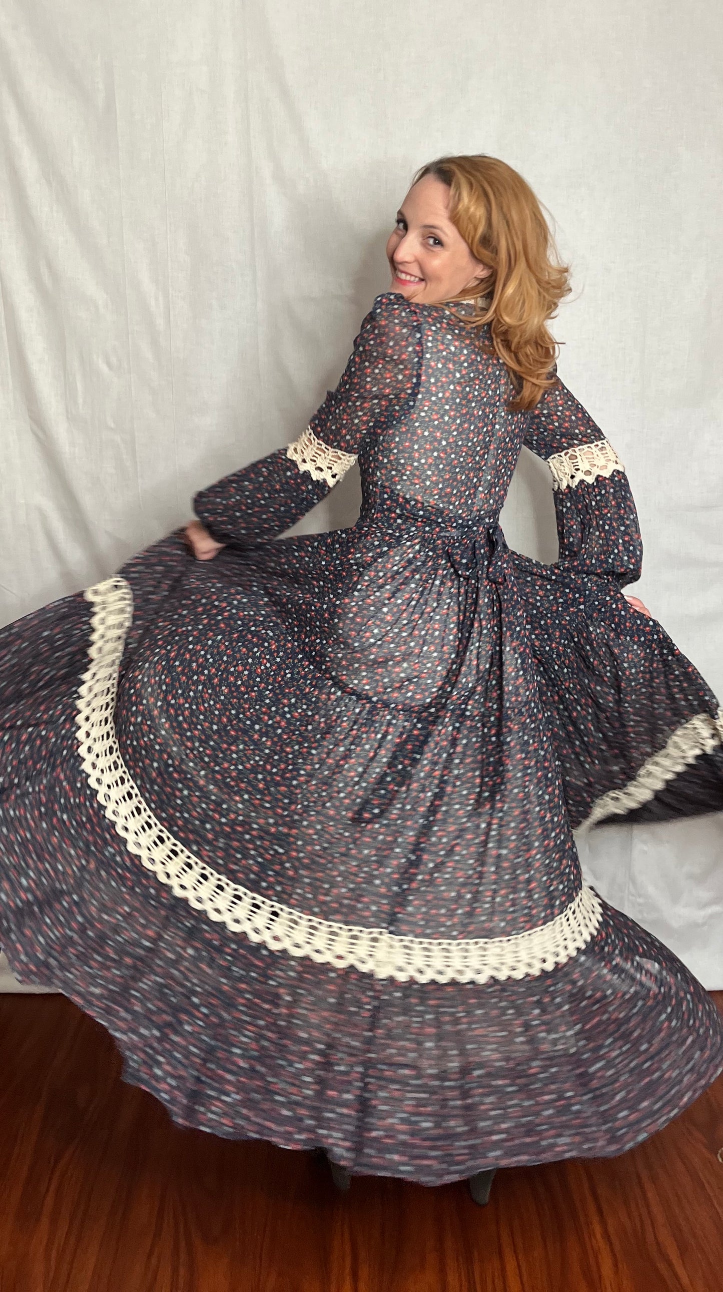 Vintage 1970’s "Gunne Sax by Jessica McClintock" Blue & Red Calico Long Sleeve Maxi Dress