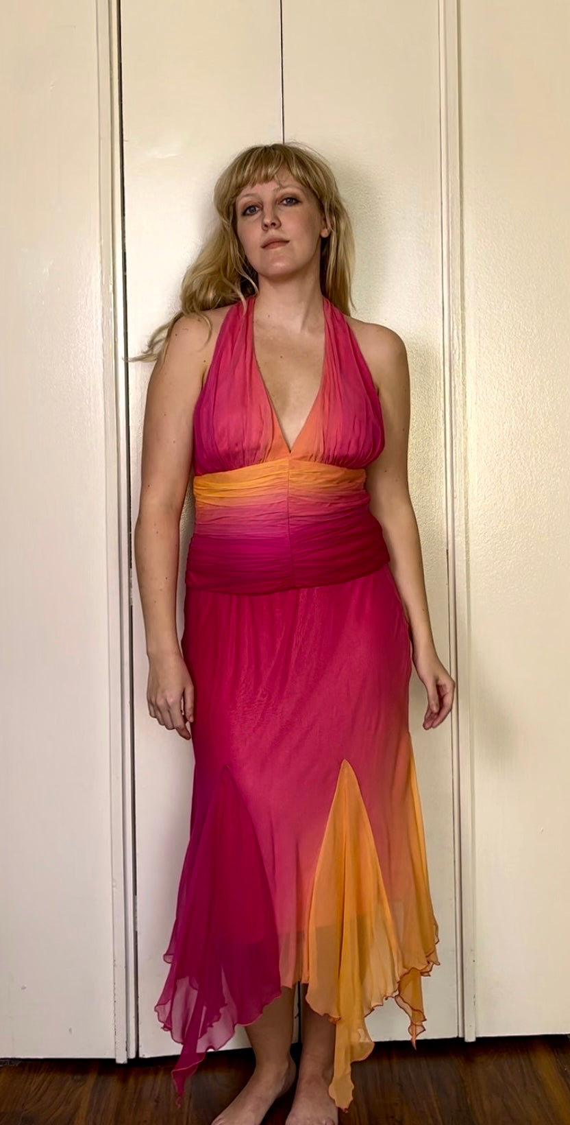 Vintage Y2K "Cache" Pink & Orange Ombre/Gradient Two-Piece Top & Skirt Set