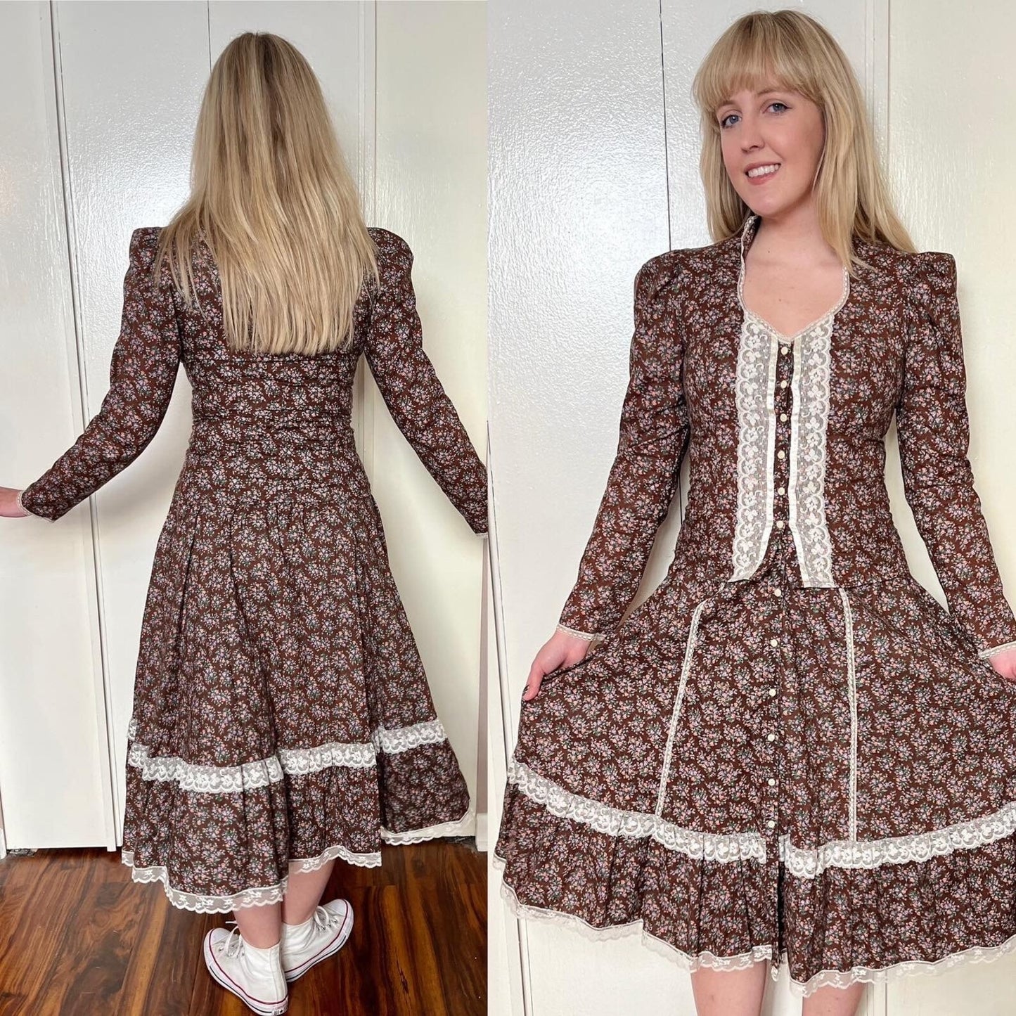 Vintage 1970’s "Gunne Sax by Jessica McClintock" Brown Calico Top & Skirt Set