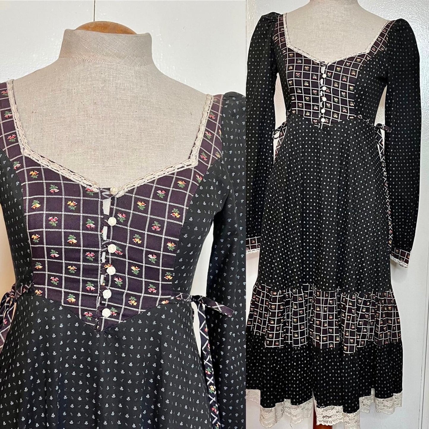 Vintage 1970’s "Gunne Sax by Jessica McClintock" Black & Purple Roses Midi Dress