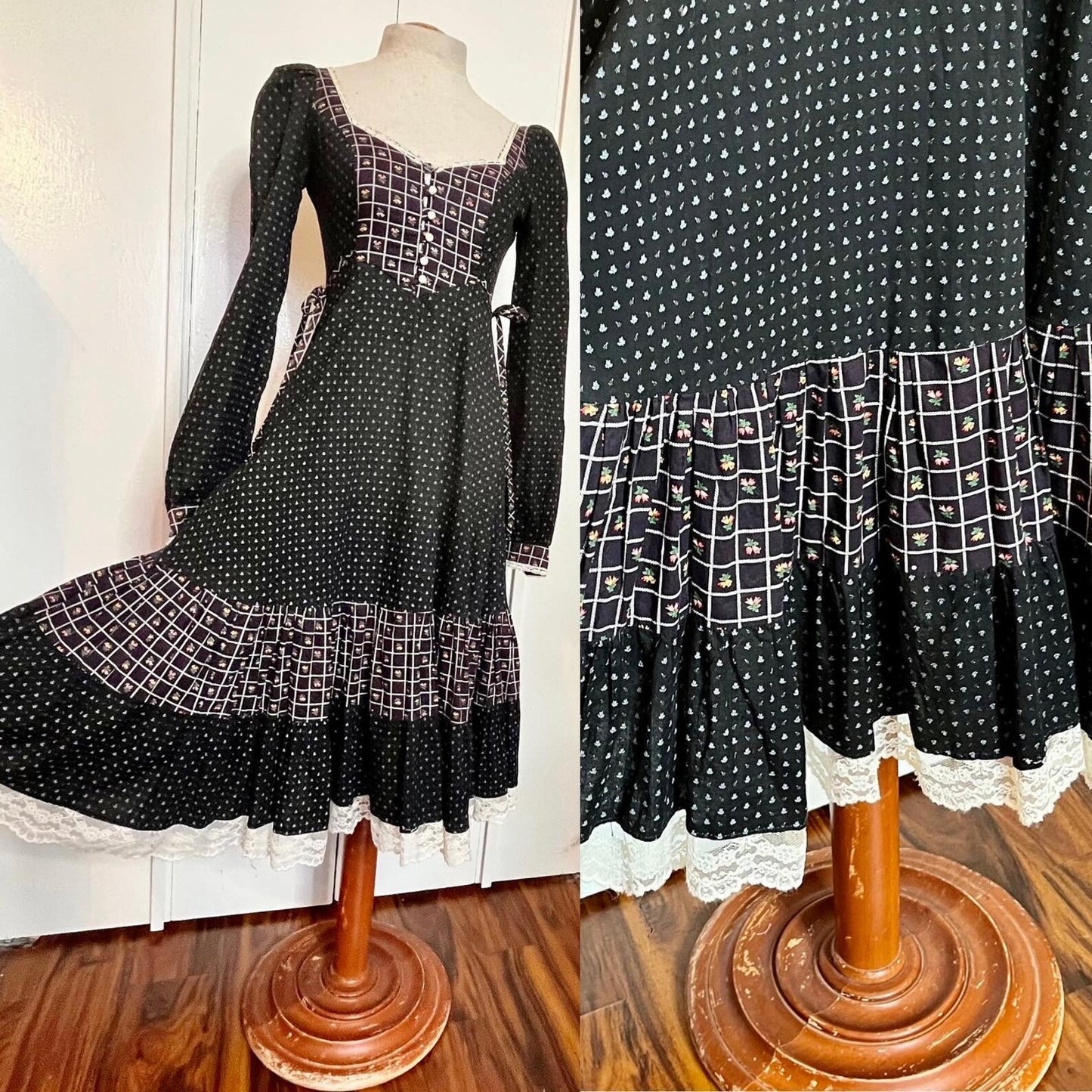 Vintage 1970’s "Gunne Sax by Jessica McClintock" Black & Purple Roses Midi Dress