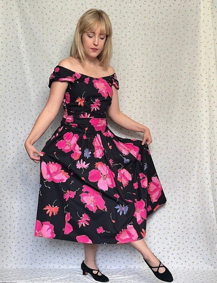 Vintage 1980’s "Laura Ashley" Black & Pink Floral Dress