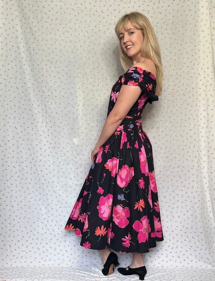 Vintage 1980’s "Laura Ashley" Black & Pink Floral Dress