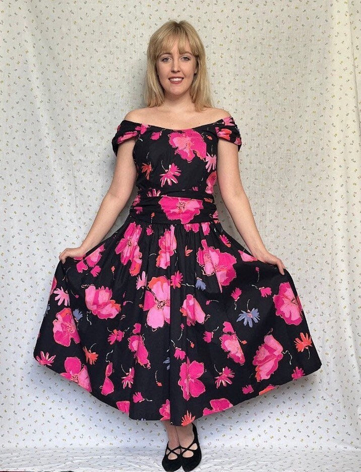 Vintage 1980’s "Laura Ashley" Black & Pink Floral Dress