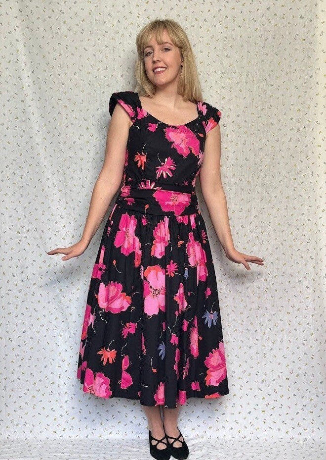 Vintage 1980’s "Laura Ashley" Black & Pink Floral Dress