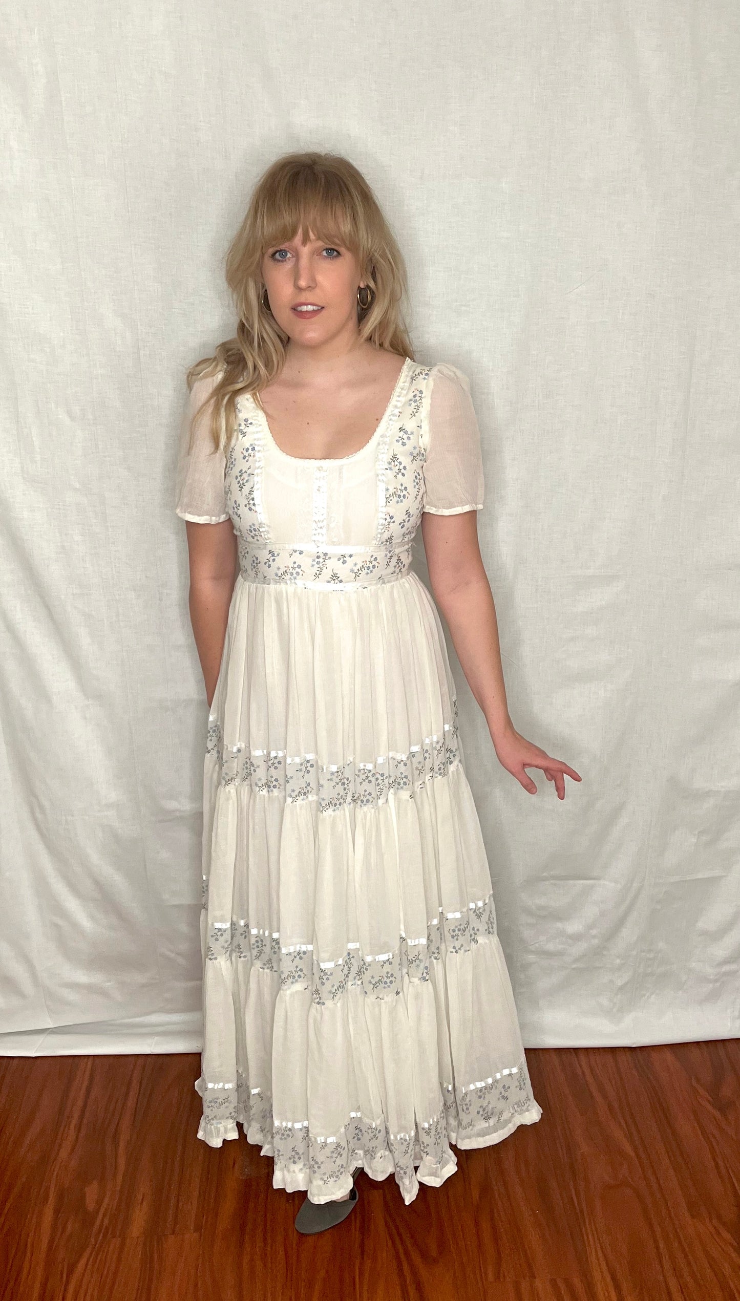 Vintage 1970’s "Gunne Sax by Jessica McClintock" White and Blue Floral Maxi Dress (Altered)