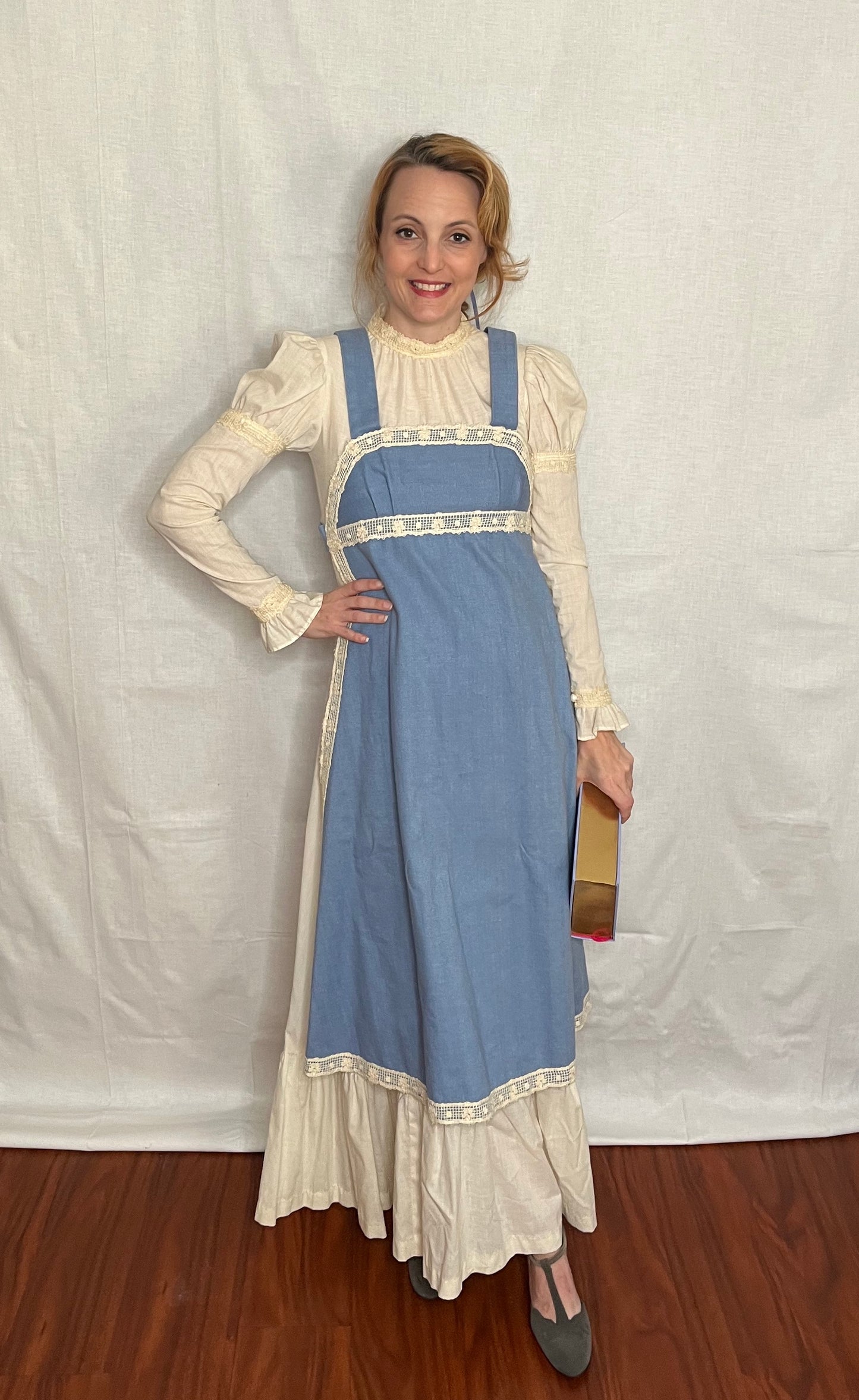 Vintage 1960’s "Gunne Sax of California" Denim Chambray and Cotton Muslin Apron Front Long Sleeve Maxi Dress