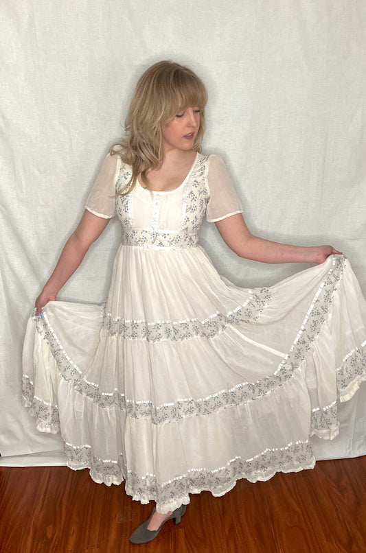 Vintage 1970’s "Gunne Sax by Jessica McClintock" White and Blue Floral Maxi Dress (Altered)